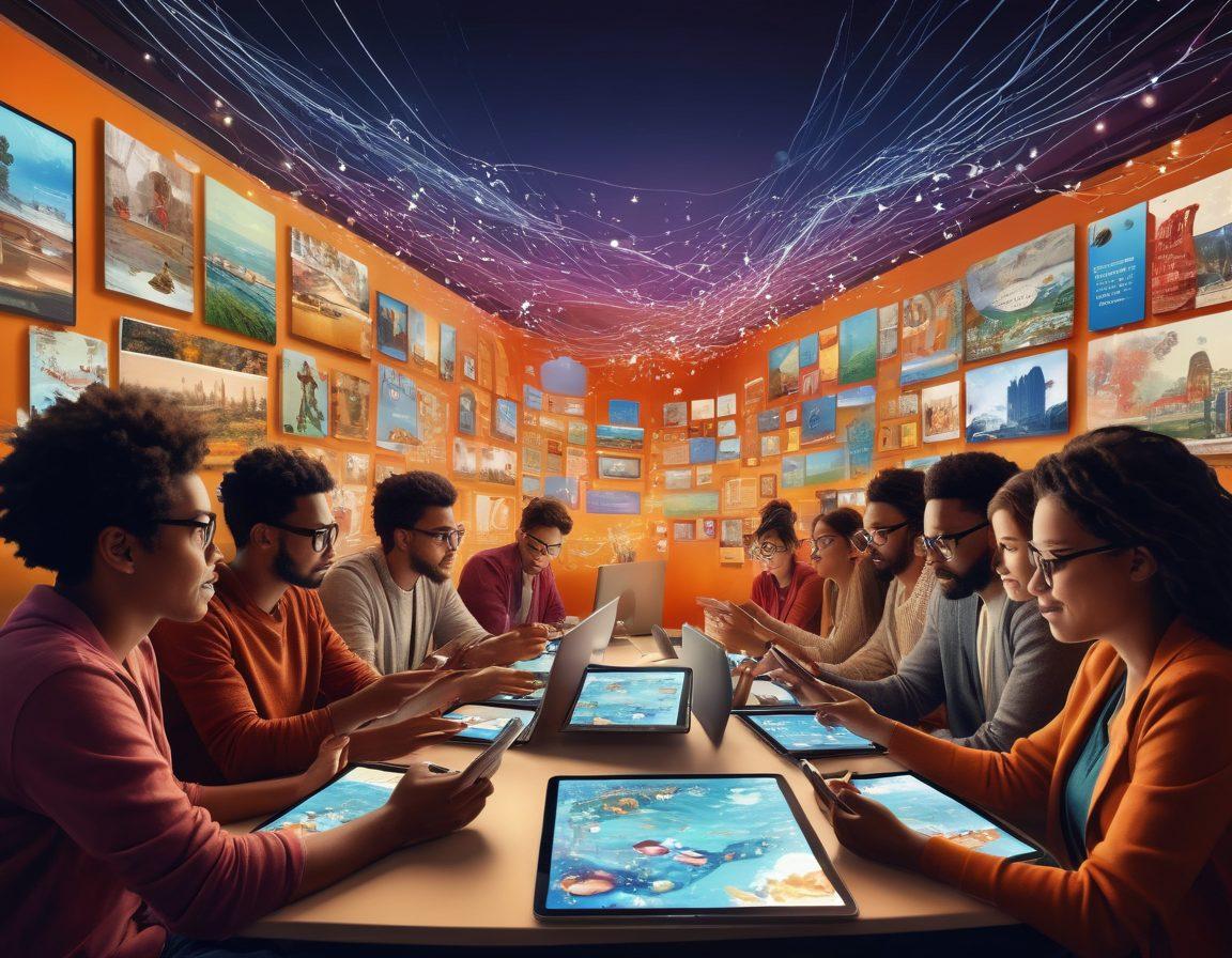 A vibrant community gathering with diverse individuals sharing stories and ideas, surrounded by digital devices like tablets and laptops. The background features a creative digital landscape with flowing data streams and visual storytelling elements like comic strips and film reels. Incorporate warm colors to evoke inspiration and connection among the participants. super-realistic. vibrant colors. dynamic composition.