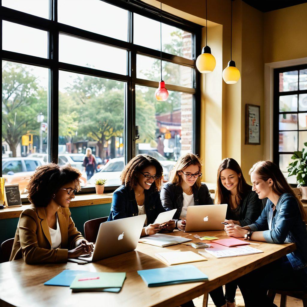 A dynamic scene depicting a diverse group of bloggers collaborating in a cozy coffee shop, surrounded by notebooks and laptops, with bright light streaming through the windows. Include colorful post-it notes with tips and trends pinned on a corkboard, and a digital tablet displaying graphs and social media icons. The vibe should be creative and energetic, capturing the essence of community-driven blogging. vibrant colors. warm atmosphere. modern illustration.