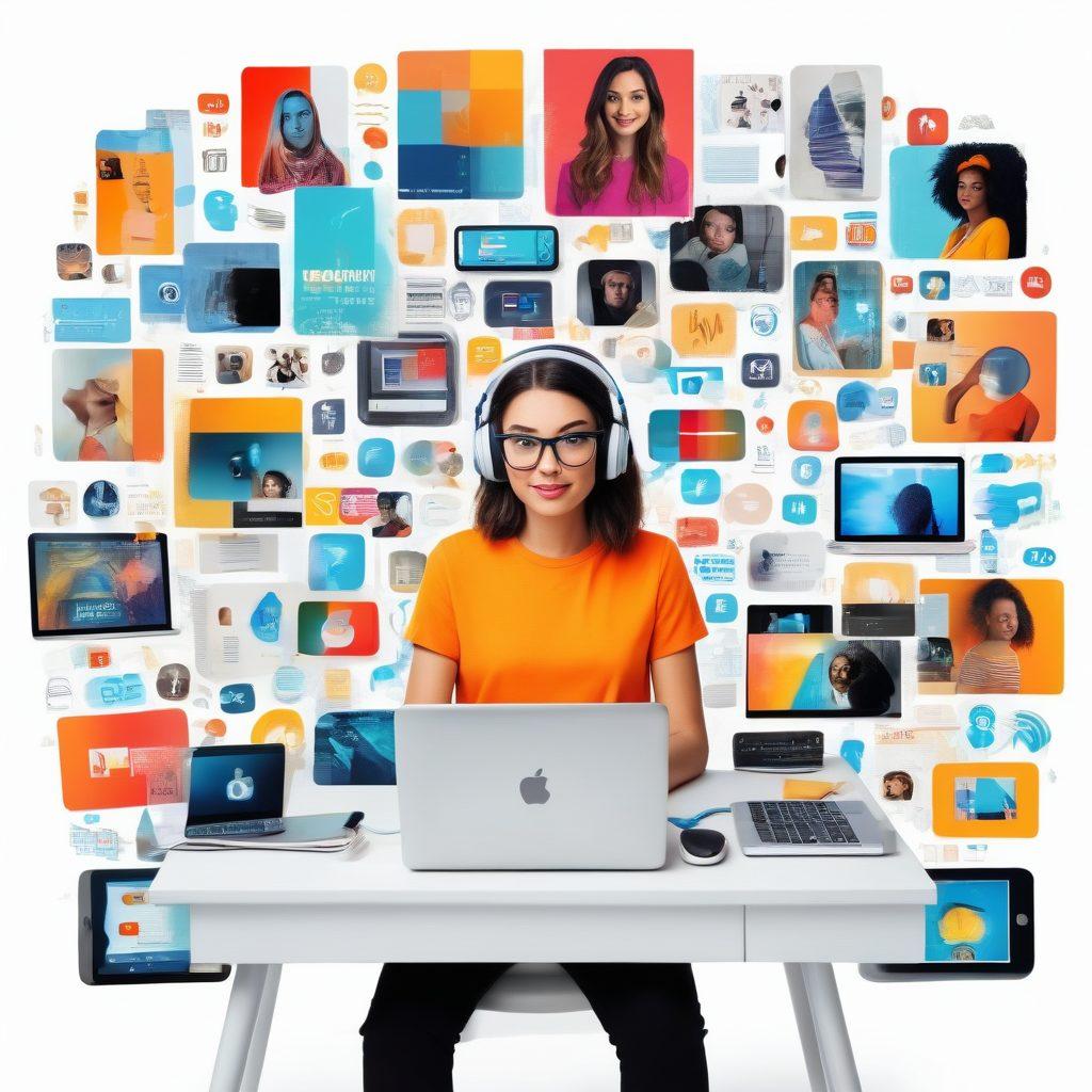 A vibrant collage showcasing a diverse group of bloggers at work, surrounded by digital devices and social media icons, depicting various trends like video content, podcasts, and digital collaborations. Bright color palette, dynamic energy, with hints of technology and creativity. super-realistic. vibrant colors. white background.